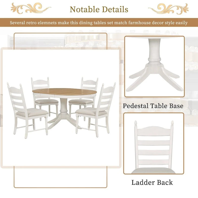 Ensemble de salle à manger rétro fonctionnel 5 pièces, table ronde extensible en bois et 4 chaises de salle à manger rembourrées