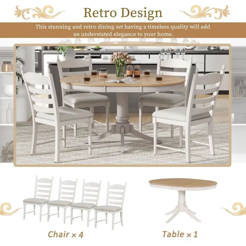 Ensemble de salle à manger rétro fonctionnel 5 pièces, table ronde extensible en bois et 4 chaises de salle à manger rembourrées