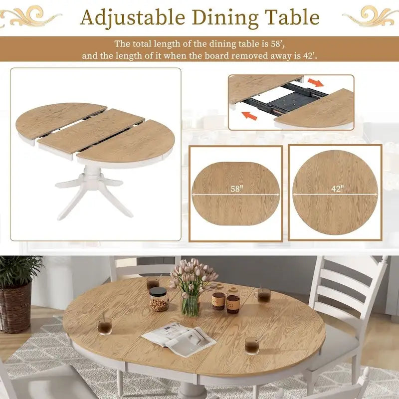 Ensemble de salle à manger rétro fonctionnel 5 pièces, table ronde extensible en bois et 4 chaises de salle à manger rembourrées