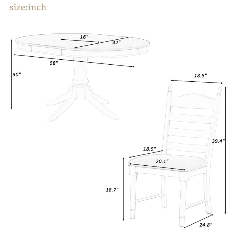 Ensemble de salle à manger rétro fonctionnel 5 pièces, table ronde extensible en bois et 4 chaises de salle à manger rembourrées