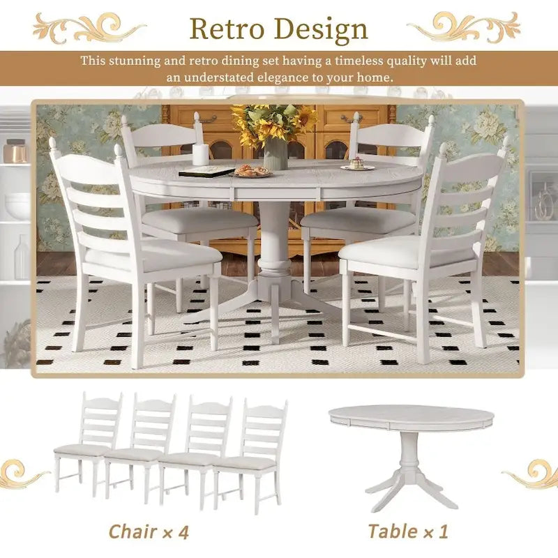 Ensemble de salle à manger rétro fonctionnel 5 pièces, table ronde extensible en bois et 4 chaises de salle à manger rembourrées