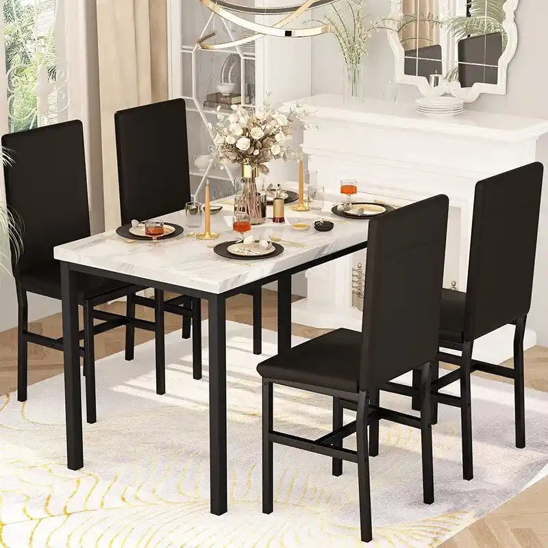Ensemble table à manger Mieres 5 pièces en faux marbre avec 4 chaises rembourrées en cuir PU
