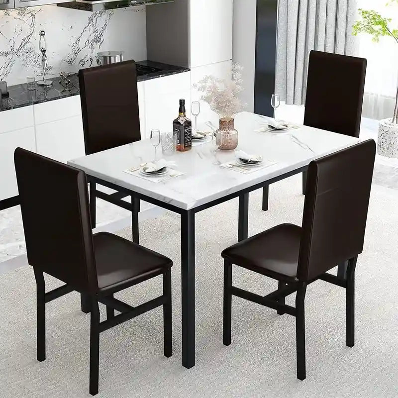Ensemble table à manger Mieres 5 pièces en faux marbre avec 4 chaises rembourrées en cuir PU