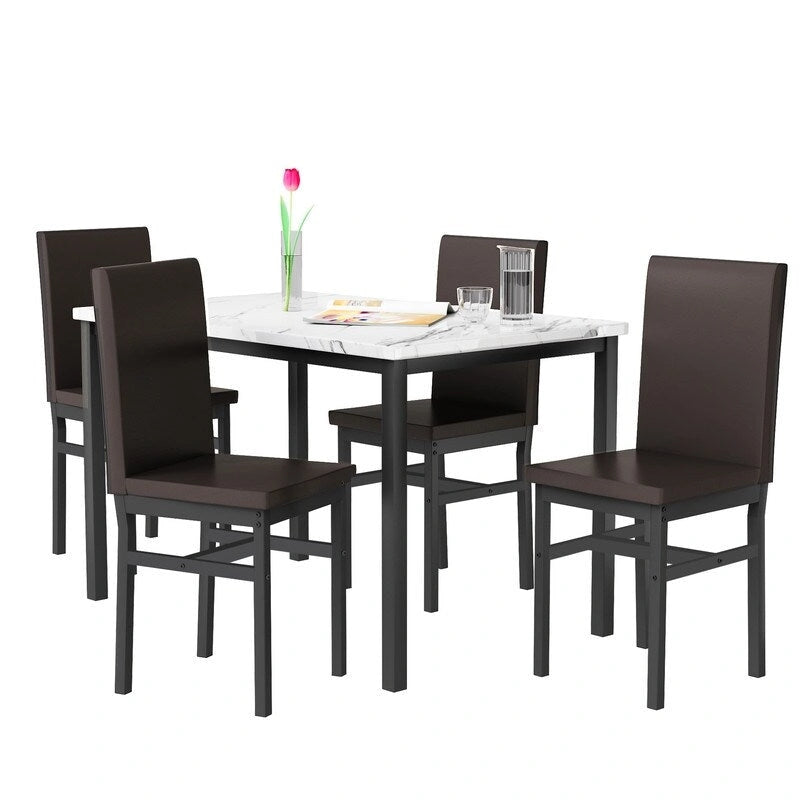Ensemble table à manger Mieres 5 pièces en faux marbre avec 4 chaises rembourrées en cuir PU