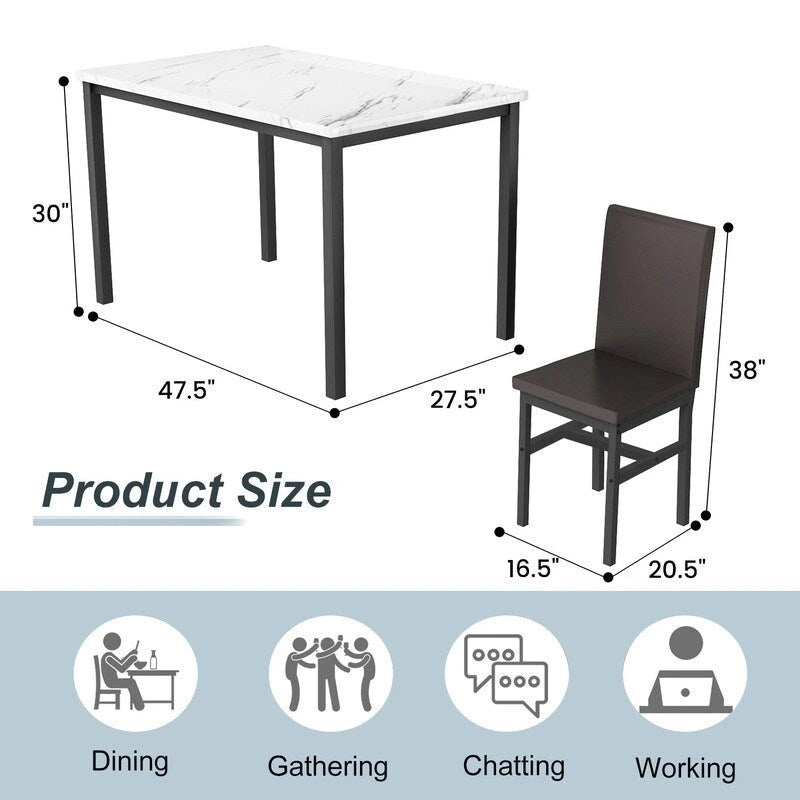 Ensemble table à manger Mieres 5 pièces en faux marbre avec 4 chaises rembourrées en cuir PU