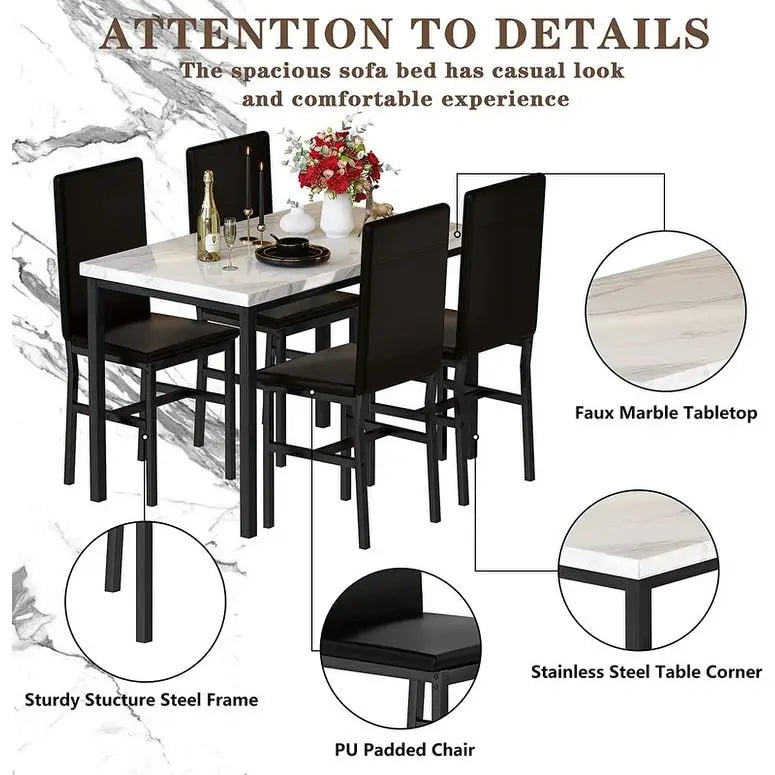 Ensemble table à manger Mieres 5 pièces en faux marbre avec 4 chaises rembourrées en cuir PU