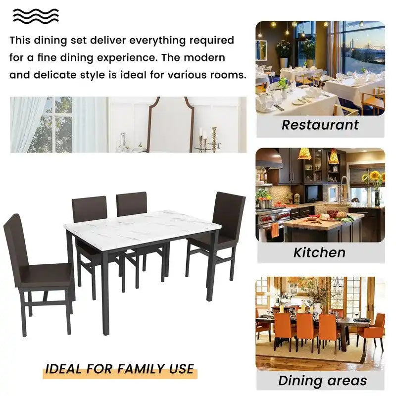 Ensemble table à manger Mieres 5 pièces en faux marbre avec 4 chaises rembourrées en cuir PU