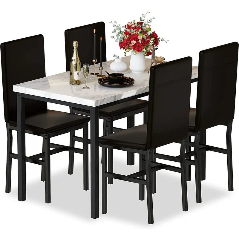Ensemble table à manger Mieres 5 pièces en faux marbre avec 4 chaises rembourrées en cuir PU