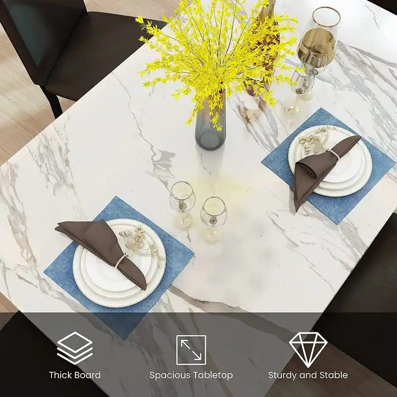 Ensemble table à manger Mieres 5 pièces en faux marbre avec 4 chaises rembourrées en cuir PU