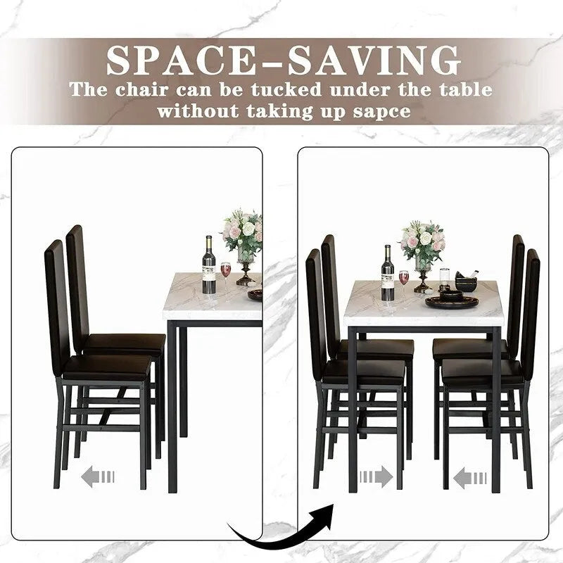 Ensemble table à manger Mieres 5 pièces en faux marbre avec 4 chaises rembourrées en cuir PU