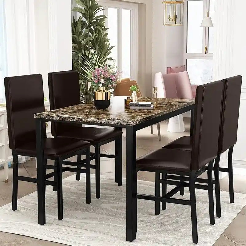 Ensemble table à manger Mieres 5 pièces en faux marbre avec 4 chaises rembourrées en cuir PU