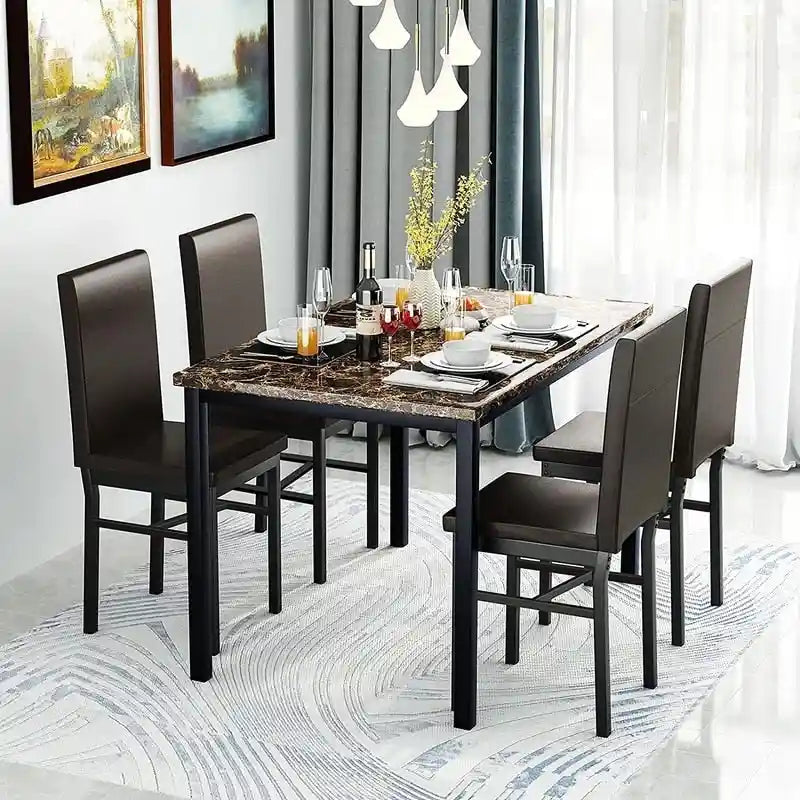 Ensemble table à manger Mieres 5 pièces en faux marbre avec 4 chaises rembourrées en cuir PU