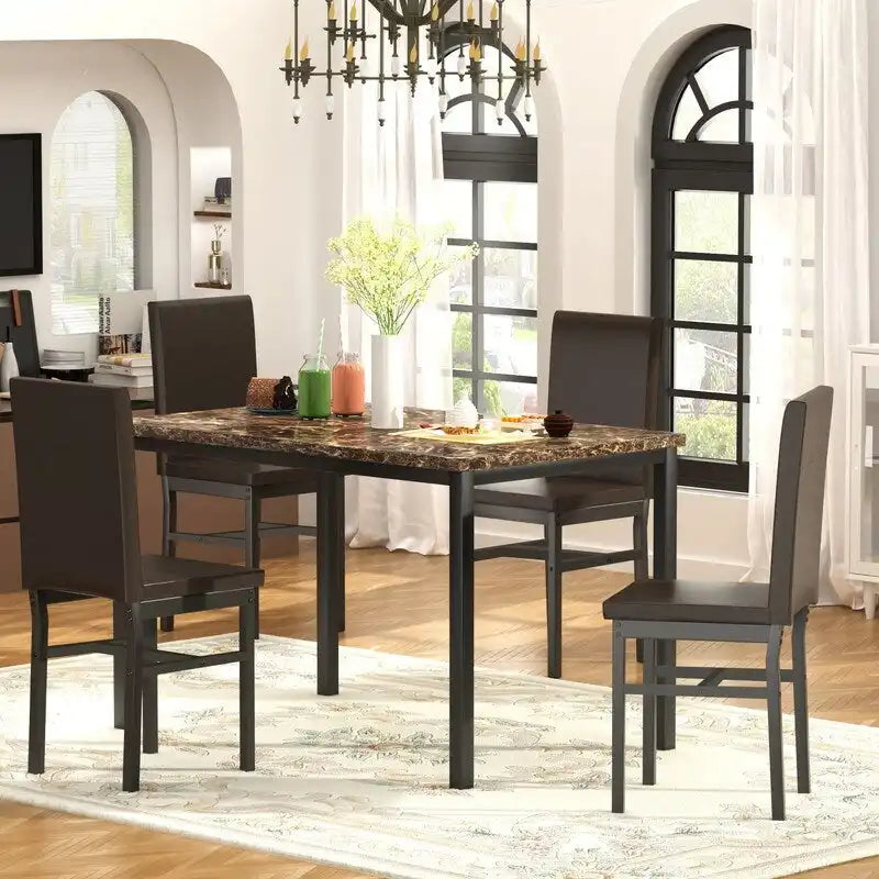Ensemble table à manger Mieres 5 pièces en faux marbre avec 4 chaises rembourrées en cuir PU