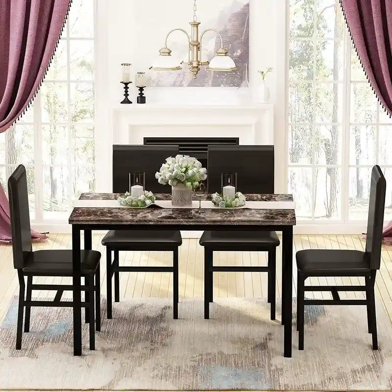 Ensemble table à manger Mieres 5 pièces en faux marbre avec 4 chaises rembourrées en cuir PU