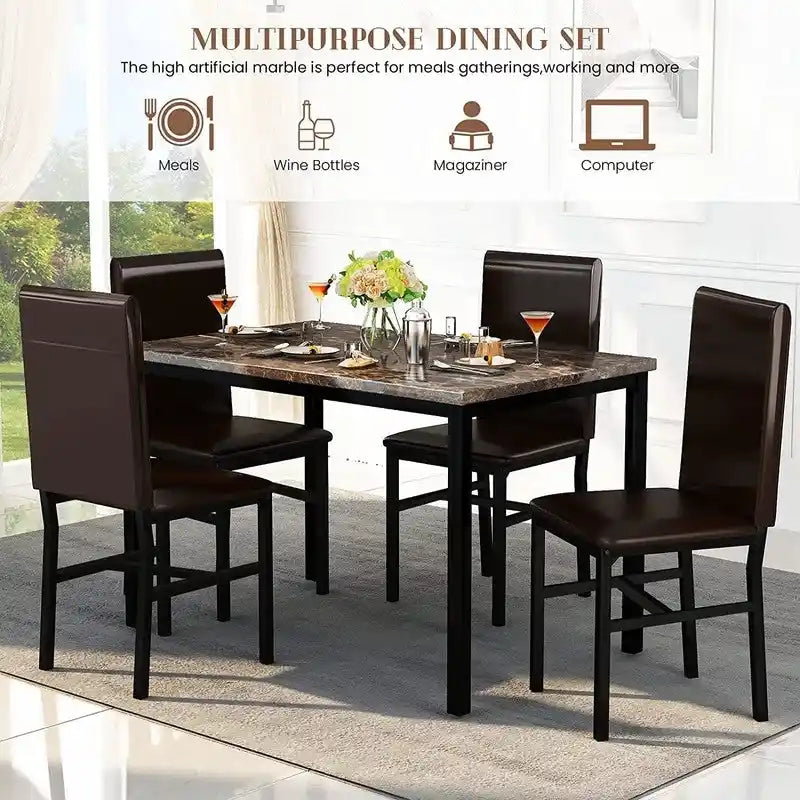 Ensemble table à manger Mieres 5 pièces en faux marbre avec 4 chaises rembourrées en cuir PU