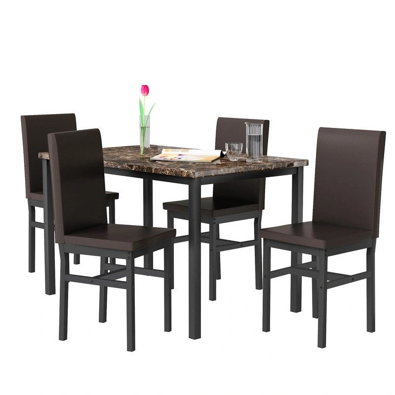 Ensemble table à manger Mieres 5 pièces en faux marbre avec 4 chaises rembourrées en cuir PU