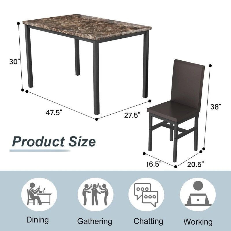 Ensemble table à manger Mieres 5 pièces en faux marbre avec 4 chaises rembourrées en cuir PU