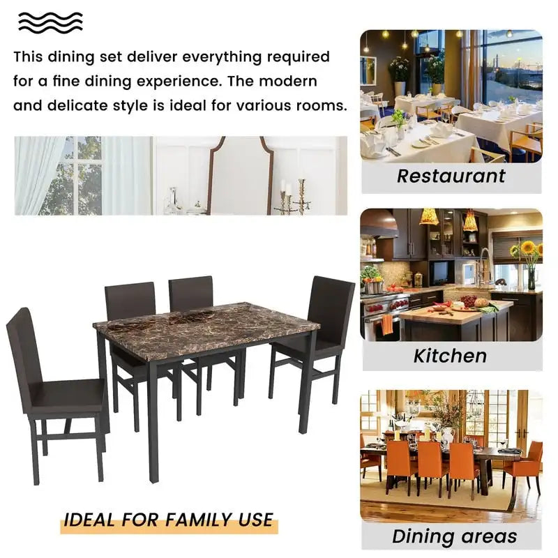 Ensemble table à manger Mieres 5 pièces en faux marbre avec 4 chaises rembourrées en cuir PU