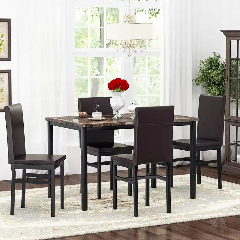 Ensemble table à manger Mieres 5 pièces en faux marbre avec 4 chaises rembourrées en cuir PU