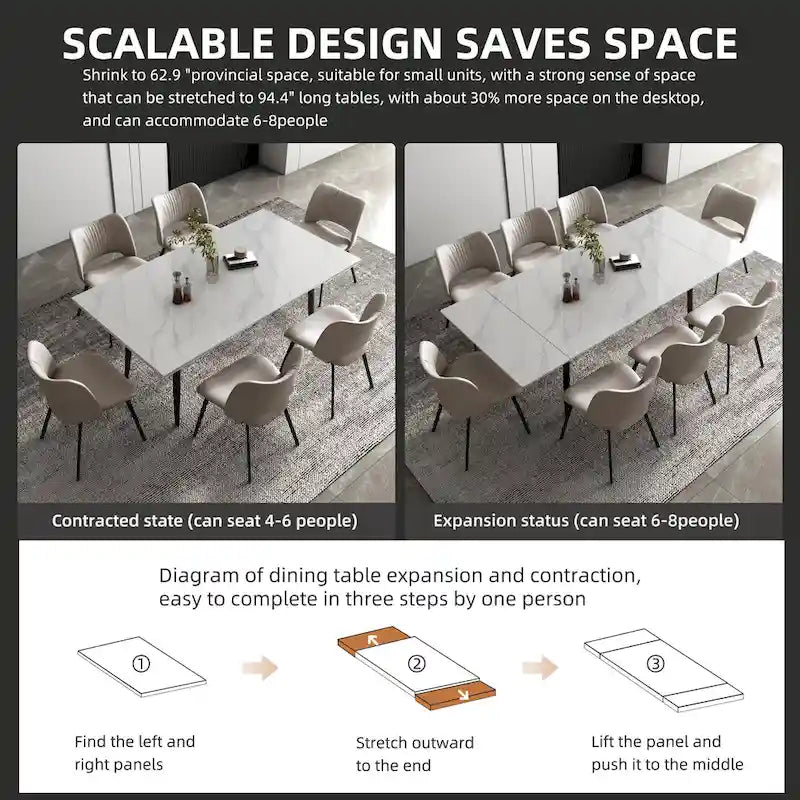 Ensemble de salle à manger extensible 9 pièces de 160 cm à 240 cm avec plateau en pierre frittée et 8 chaises