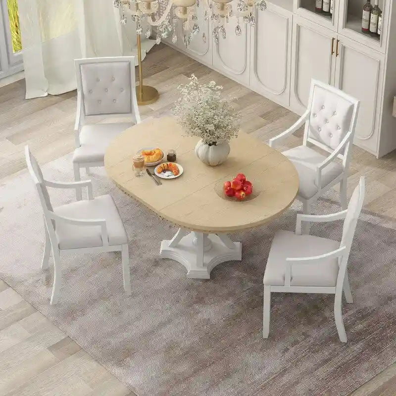 Ensemble de salle à manger rétro 5 pièces Table ronde extensible et 4 chaises pour cuisine et salle à manger