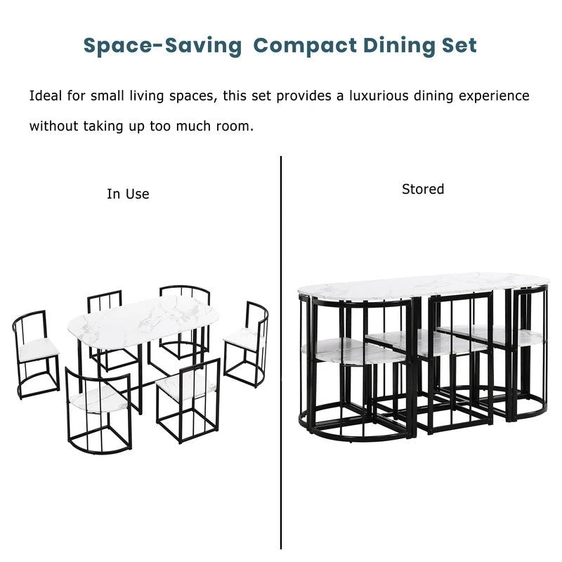 Ensemble de table à manger 7 pièces de style Mid-Century pour 6 personnes, ensemble de table à manger de cuisine avec table à manger en faux marbre et 6 chaises
