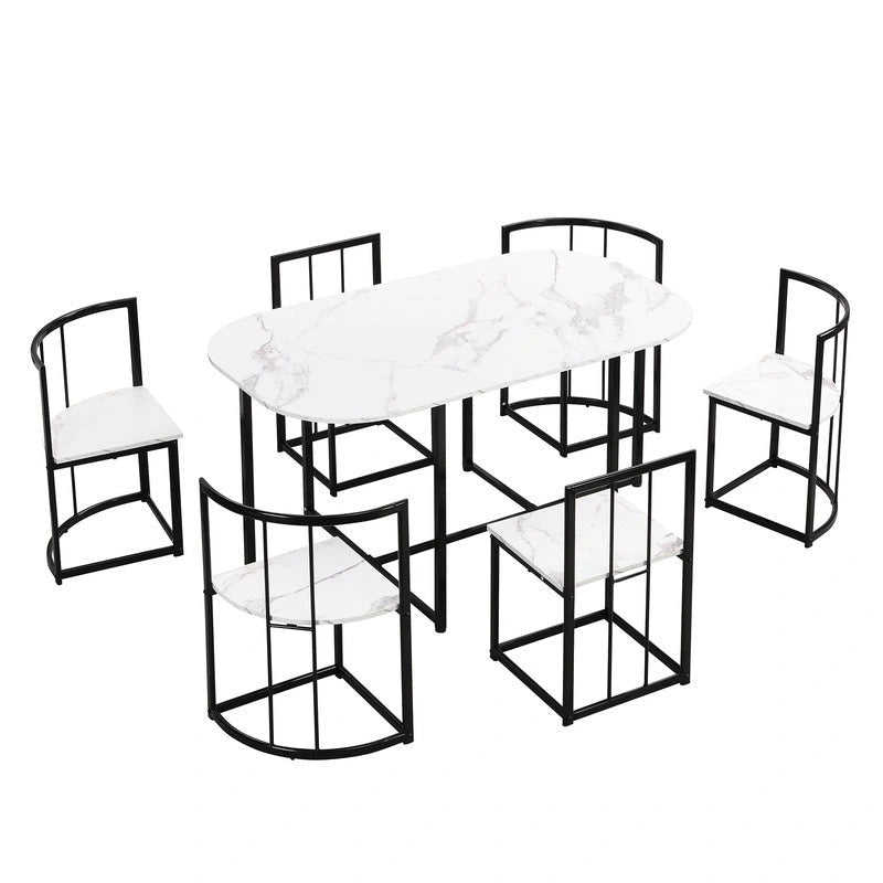 Ensemble de table à manger 7 pièces de style Mid-Century pour 6 personnes, ensemble de table à manger de cuisine avec table à manger en faux marbre et 6 chaises