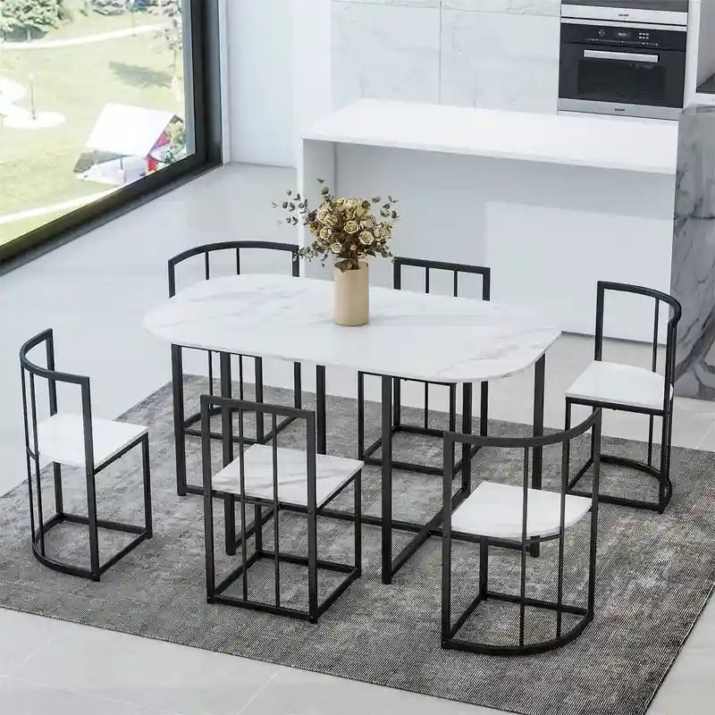 Ensemble de table à manger 7 pièces de style Mid-Century pour 6 personnes, ensemble de table à manger de cuisine avec table à manger en faux marbre et 6 chaises