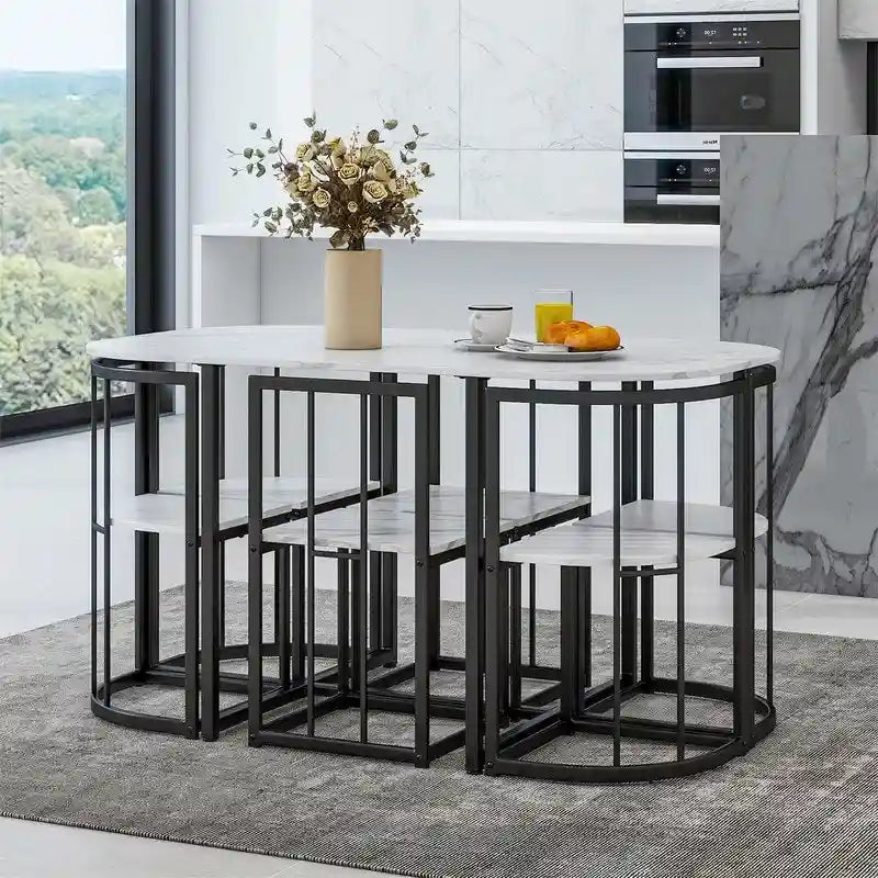 Ensemble de table à manger 7 pièces de style Mid-Century pour 6 personnes, ensemble de table à manger de cuisine avec table à manger en faux marbre et 6 chaises