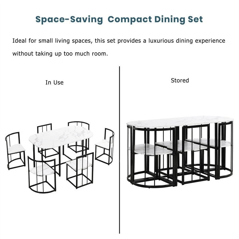 Ensemble de table à manger 7 pièces de style Mid-Century pour 6 personnes, ensemble de table à manger de cuisine avec table à manger en faux marbre et 6 chaises