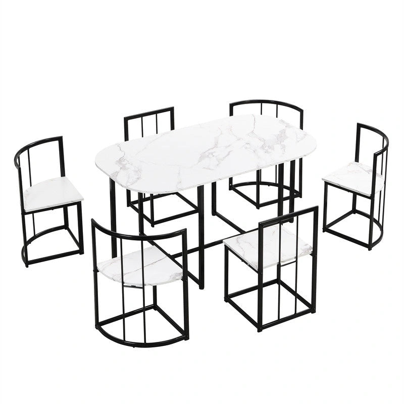 Ensemble de table à manger 7 pièces de style Mid-Century pour 6 personnes, ensemble de table à manger de cuisine avec table à manger en faux marbre et 6 chaises