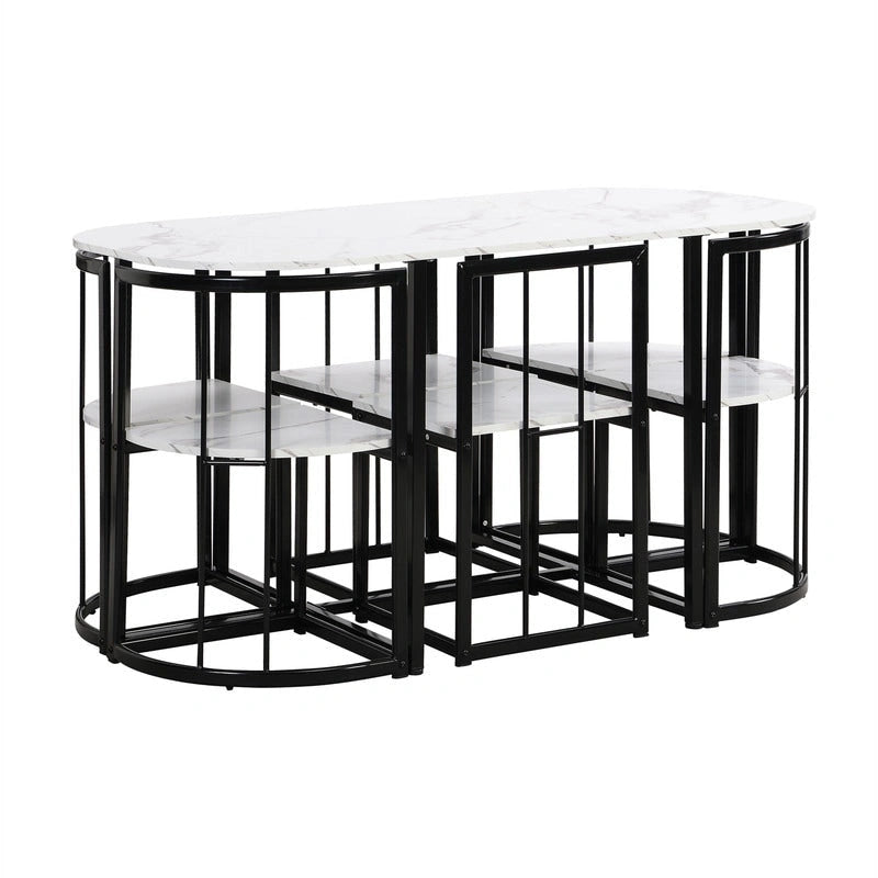 Ensemble de table à manger 7 pièces de style Mid-Century pour 6 personnes, ensemble de table à manger de cuisine avec table à manger en faux marbre et 6 chaises
