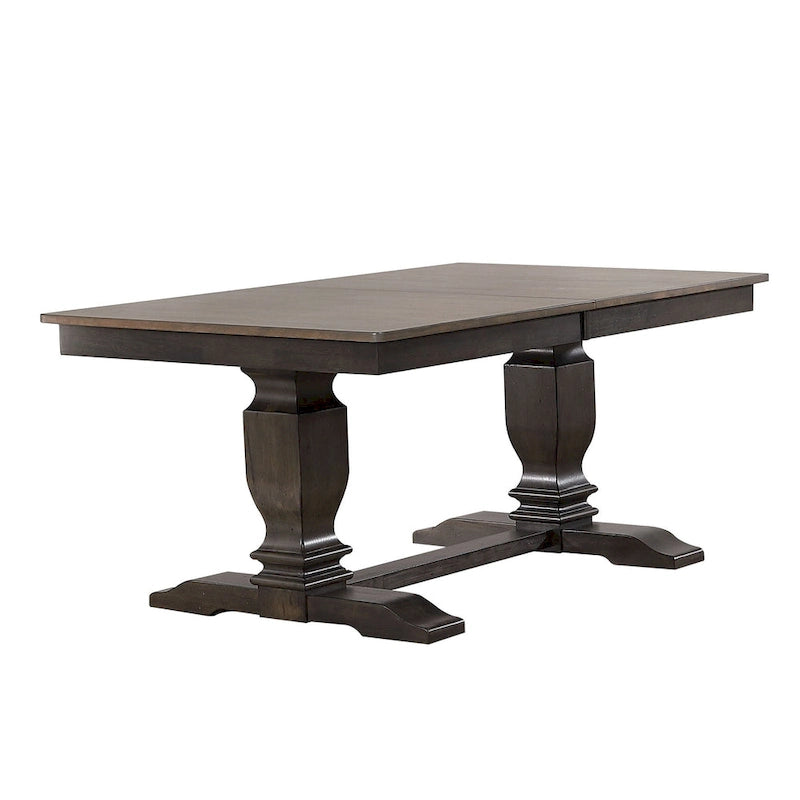 Ensemble de salle à manger 7 pièces en gris antique de transition avec base double piédestal et dossier en X