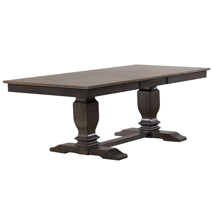 Ensemble de salle à manger 7 pièces en gris antique de transition avec base double piédestal et dossier en X