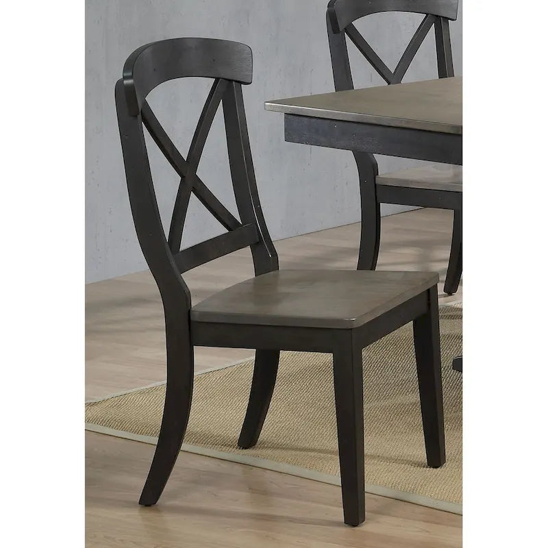 Ensemble de salle à manger 7 pièces en gris antique de transition avec base double piédestal et dossier en X