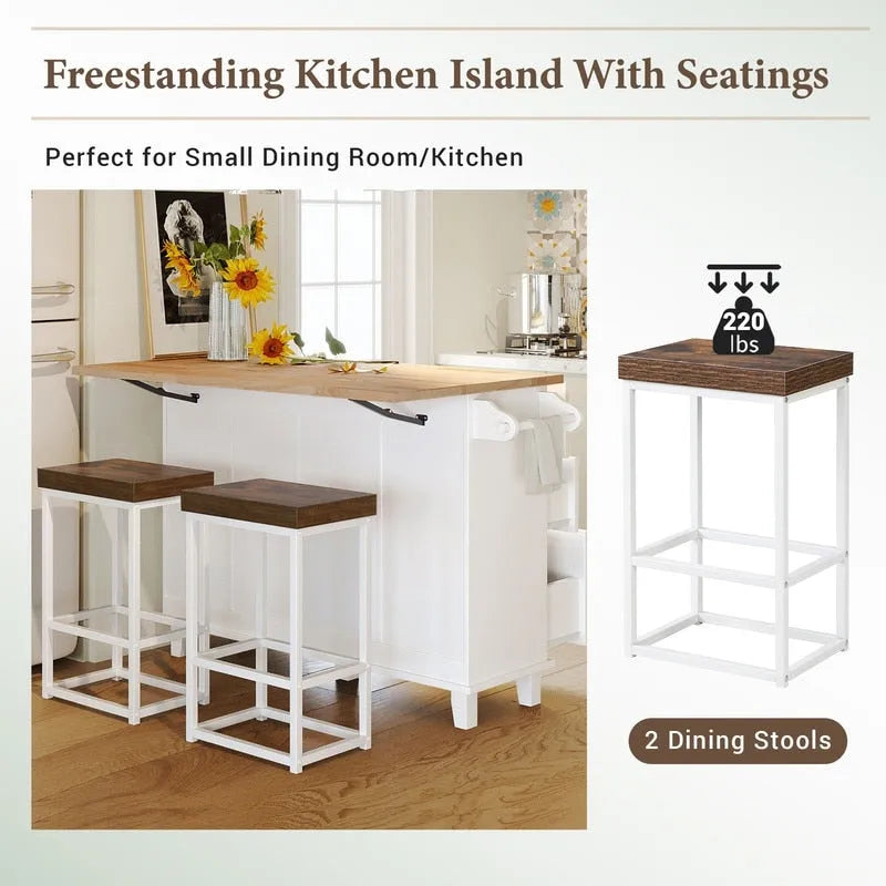 Ensemble de 3 pièces pour îlot de cuisine avec abattant et 2 tabourets, ensemble de table à manger avec meuble de rangement, tiroirs et porte-serviettes