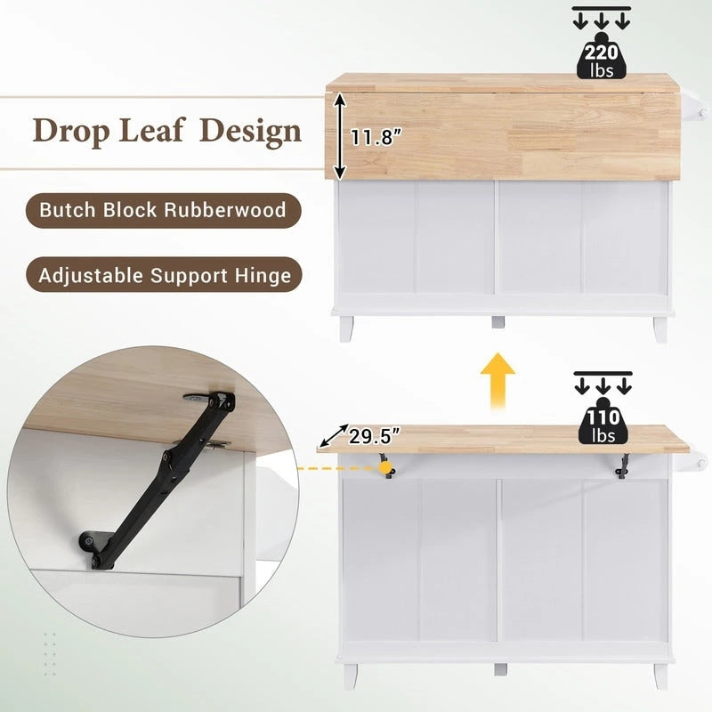 Ensemble de 3 pièces pour îlot de cuisine avec abattant et 2 tabourets, ensemble de table à manger avec meuble de rangement, tiroirs et porte-serviettes