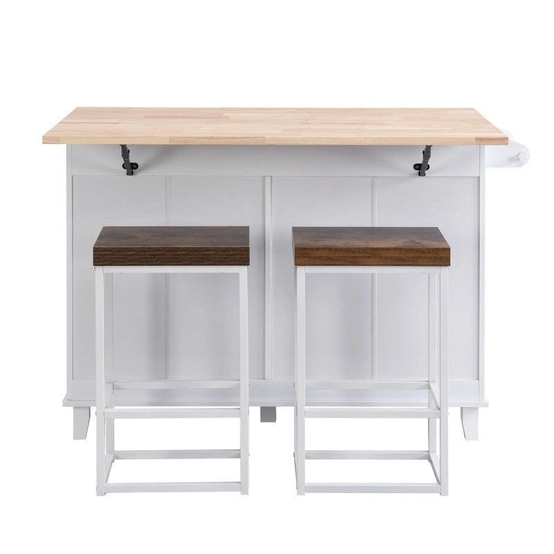 Ensemble de 3 pièces pour îlot de cuisine avec abattant et 2 tabourets, ensemble de table à manger avec meuble de rangement, tiroirs et porte-serviettes