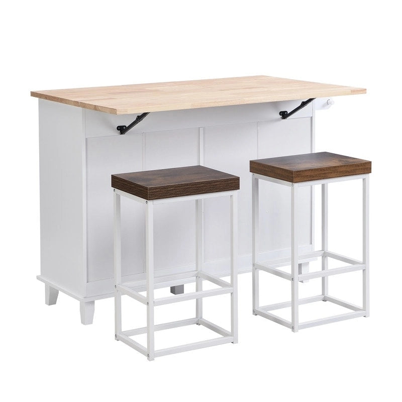 Ensemble de 3 pièces pour îlot de cuisine avec abattant et 2 tabourets, ensemble de table à manger avec meuble de rangement, tiroirs et porte-serviettes