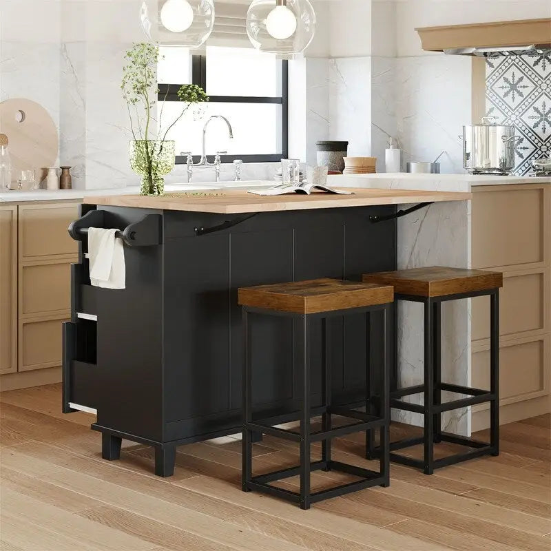 Ensemble de 3 pièces pour îlot de cuisine avec abattant et 2 tabourets, ensemble de table à manger avec meuble de rangement, tiroirs et porte-serviettes
