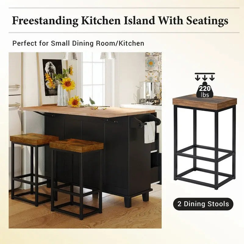 Ensemble de 3 pièces pour îlot de cuisine avec abattant et 2 tabourets, ensemble de table à manger avec meuble de rangement, tiroirs et porte-serviettes