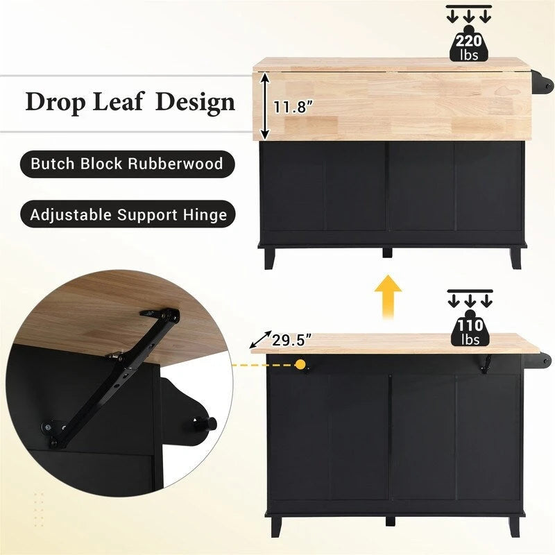 Ensemble de 3 pièces pour îlot de cuisine avec abattant et 2 tabourets, ensemble de table à manger avec meuble de rangement, tiroirs et porte-serviettes