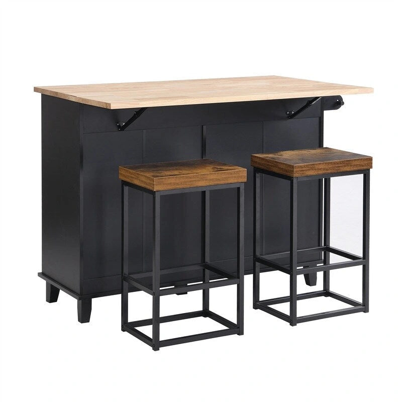 Ensemble de 3 pièces pour îlot de cuisine avec abattant et 2 tabourets, ensemble de table à manger avec meuble de rangement, tiroirs et porte-serviettes