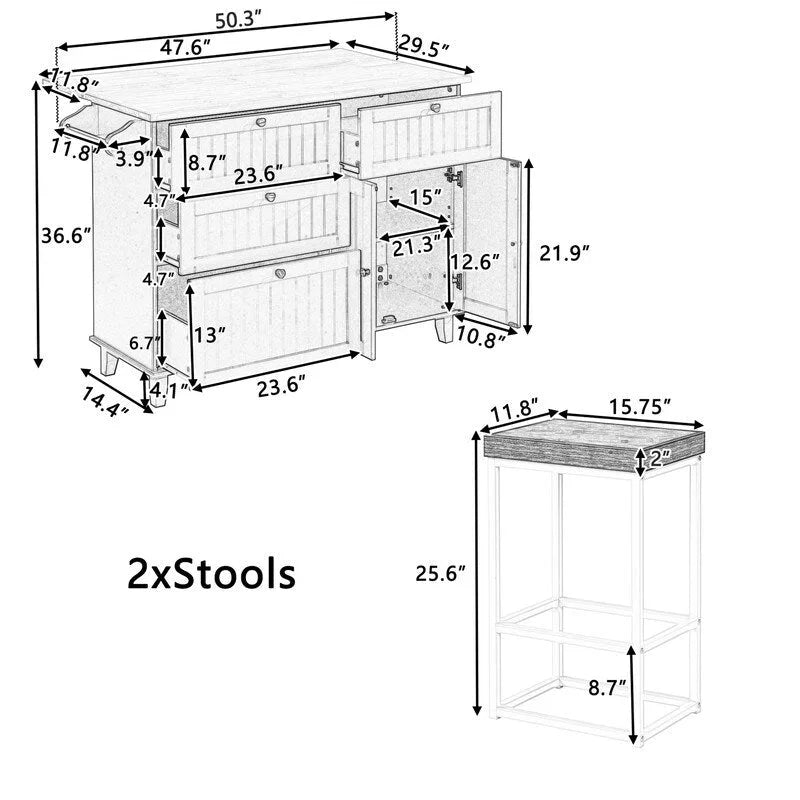 Ensemble de 3 pièces pour îlot de cuisine avec abattant et 2 tabourets, ensemble de table à manger avec meuble de rangement, tiroirs et porte-serviettes
