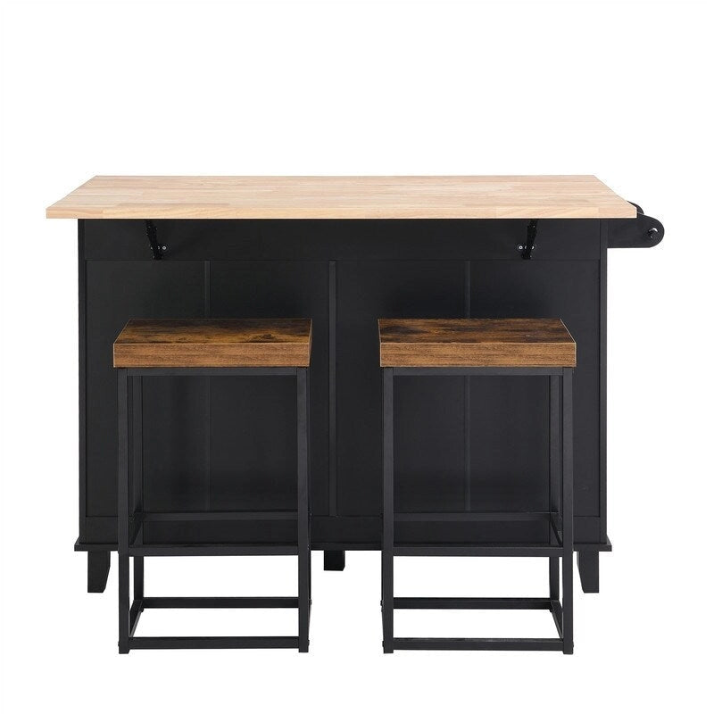 Ensemble de 3 pièces pour îlot de cuisine avec abattant et 2 tabourets, ensemble de table à manger avec meuble de rangement, tiroirs et porte-serviettes