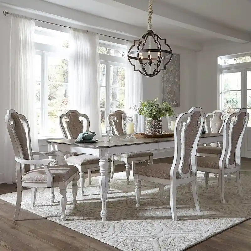 Ensemble de salle à manger 7 pièces Magnolia Manor Antique White Weathered Bark avec table à pieds