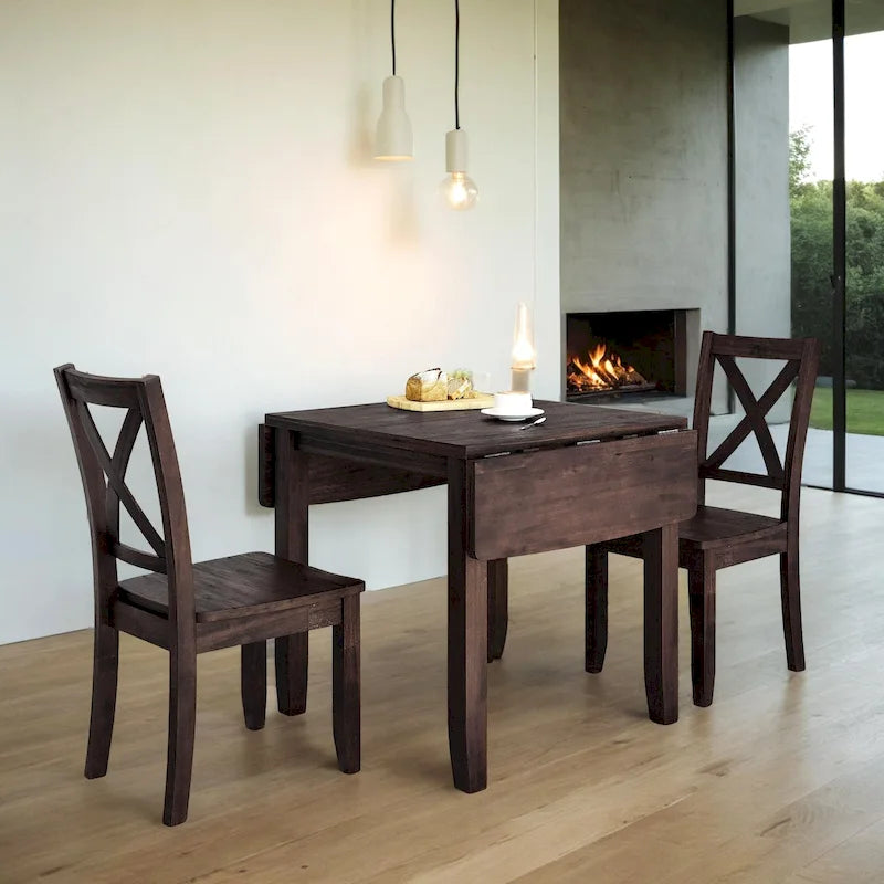Ensemble de salle à manger 3 pièces avec table à rabats en bois et 2 chaises à dossier en X pour petits espaces