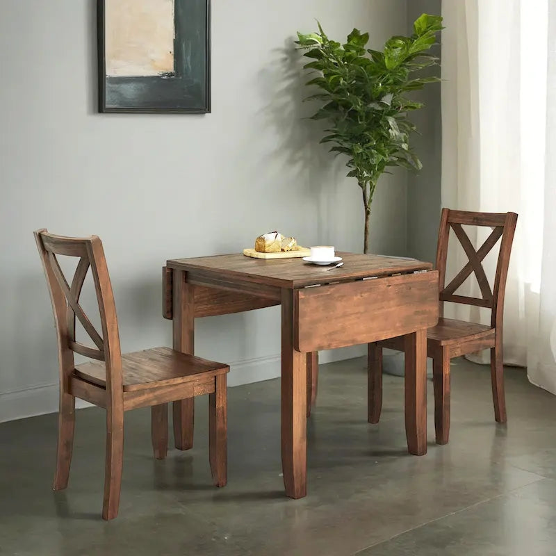 Ensemble de salle à manger 3 pièces avec table à rabats en bois et 2 chaises à dossier en X pour petits espaces