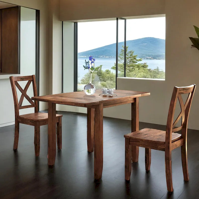 Ensemble de salle à manger 3 pièces avec table à rabats en bois et 2 chaises à dossier en X pour petits espaces
