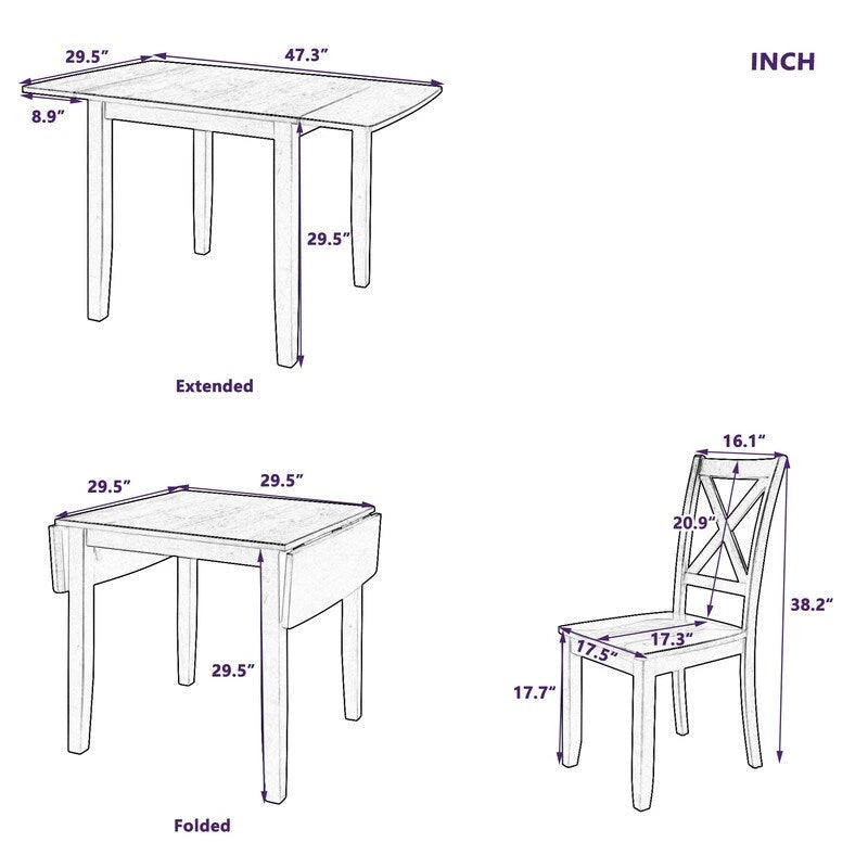 Ensemble de salle à manger 3 pièces avec table à rabats en bois et 2 chaises à dossier en X pour petits espaces
